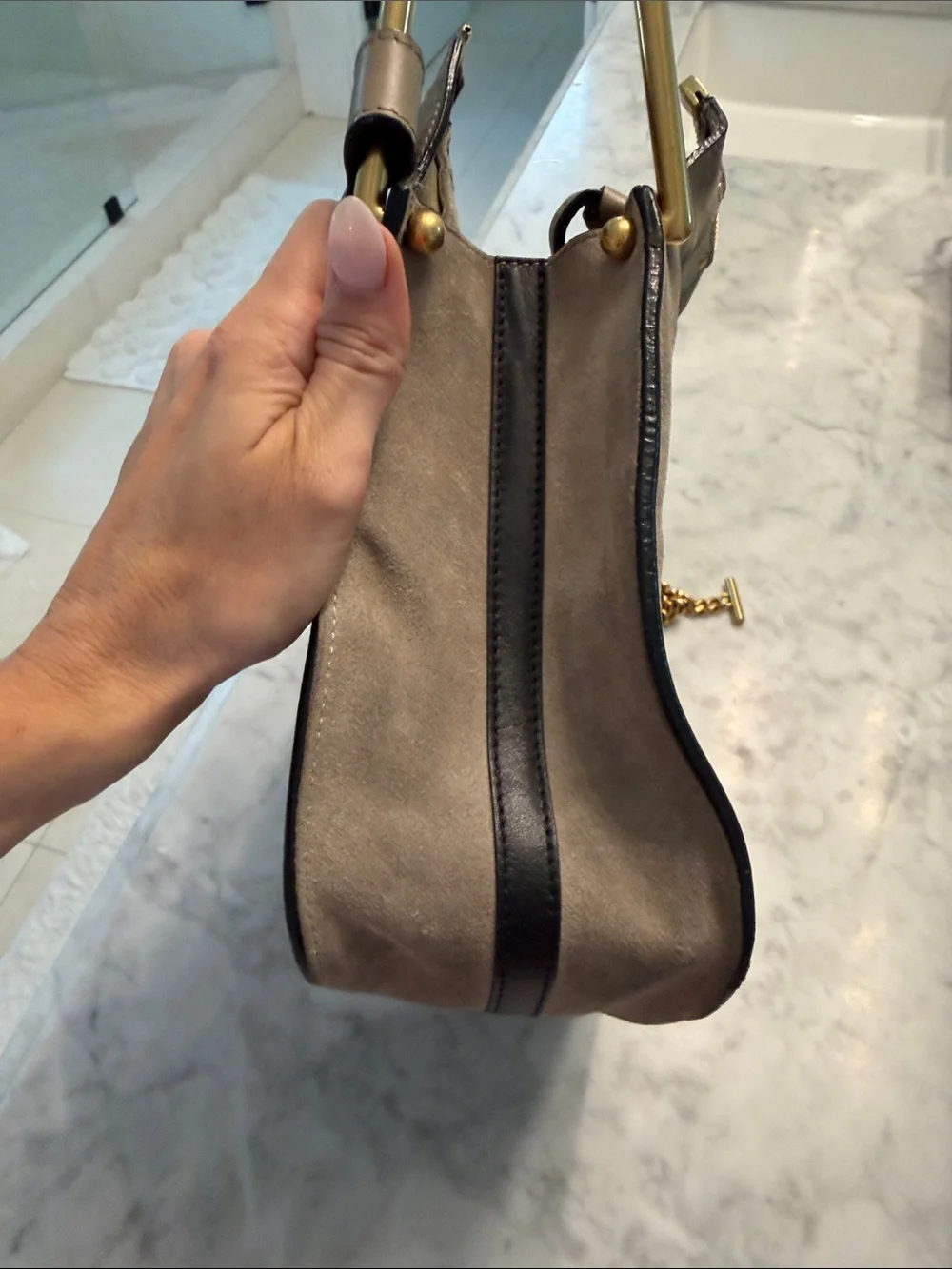 Chloe Taupe Suede Shoulder Bag with Gold Hardware Accents